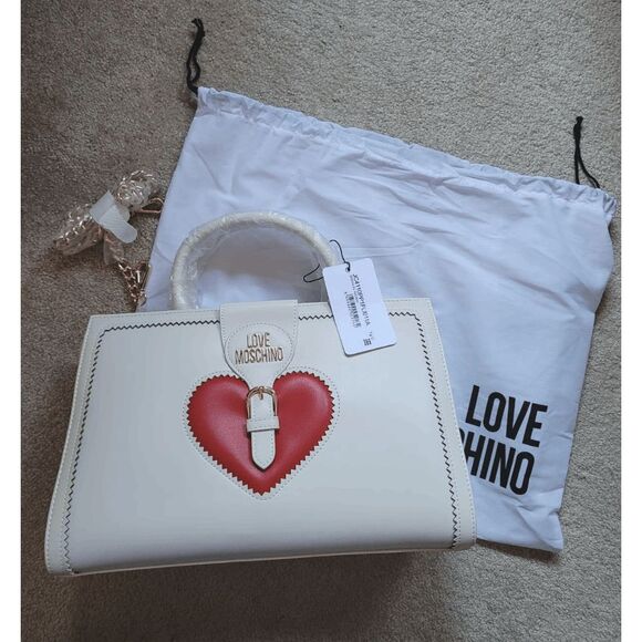 NWT LOVE MOSCHINO Red Heart Beige Satchel Shoulder Handbag MSRP $455 - Picture 13 of 15
